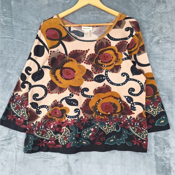 Womens Top 1X Statement Floral Paisley Sequins Artsy Boho Bloomcore Art‎ To Wear - Picture 1 of 6
